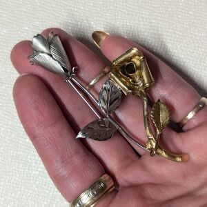 Gold and Silver Rose Brooch Set Sterling And Gold Vermeil Birks Vintage